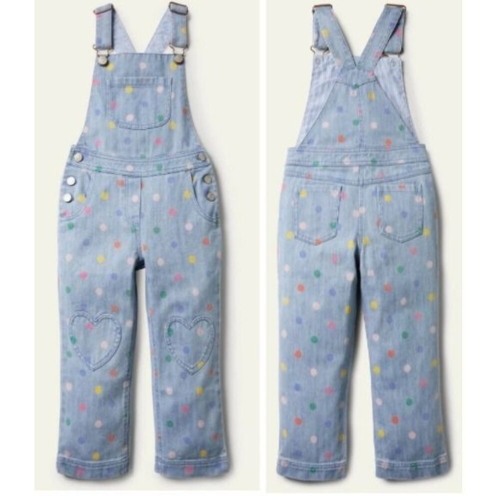 Boden 100% Cotton Girls Size 13-14Y Polka Dot Denim Dungarees Overalls Blue